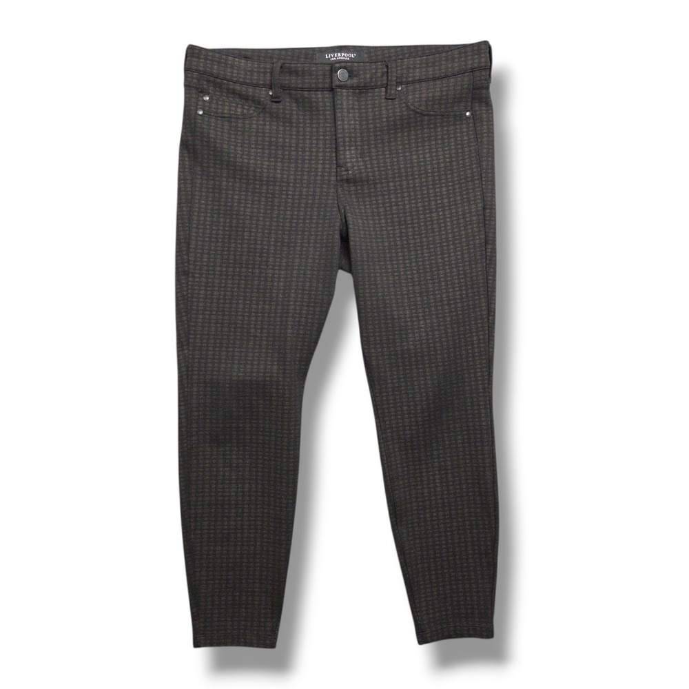 Liverpool‎ Madonna Leggings Womens 14 Petite Crop Brown Grid High Rise Pull On